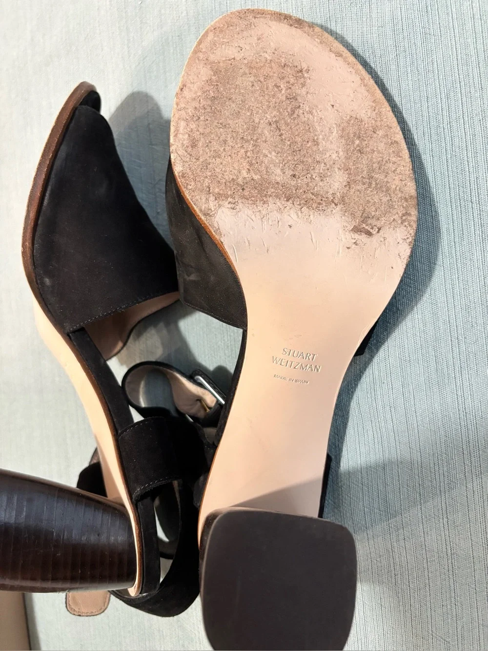 Stuart Weitzman Black Suede Open-Toe Block Heel Sandals with Buckle 9